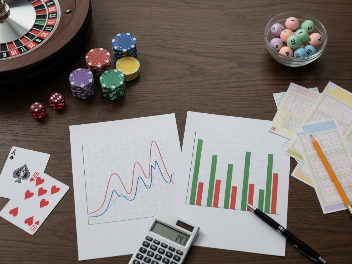 Photoreal flat-lay of casino items on the left and lottery items on the right,