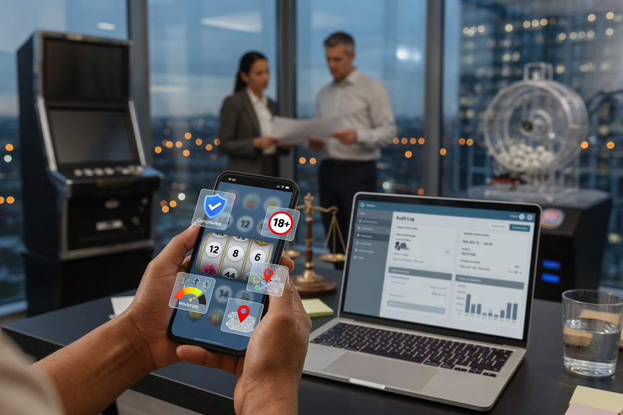 A realistic photo of an adult holding a smartphone that displays a hybrid lottery–casino