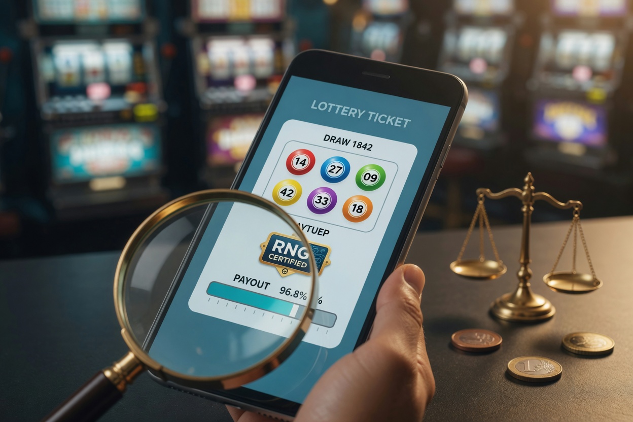 A realistic close-up of a hand holding a phone with an online lottery interface,