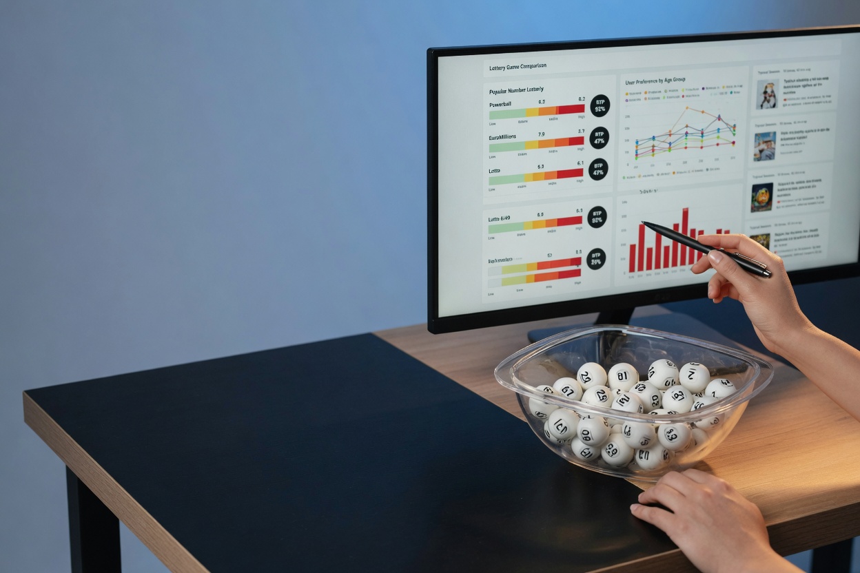 Photograph of a desktop with an analytics dashboard comparing online lottery games—volatility, RTP, and