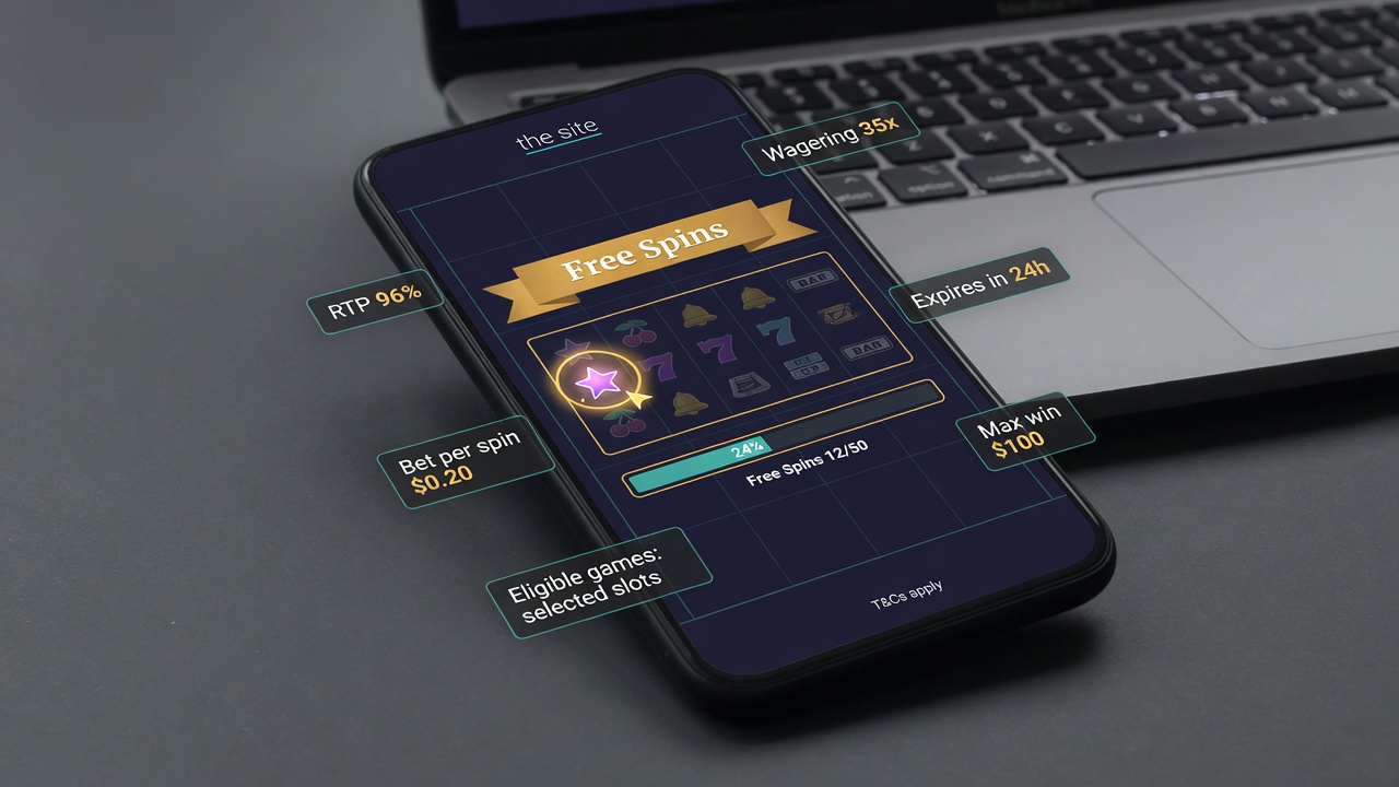 Photographic image of a smartphone on a desk showing a slot game’s Free Spins