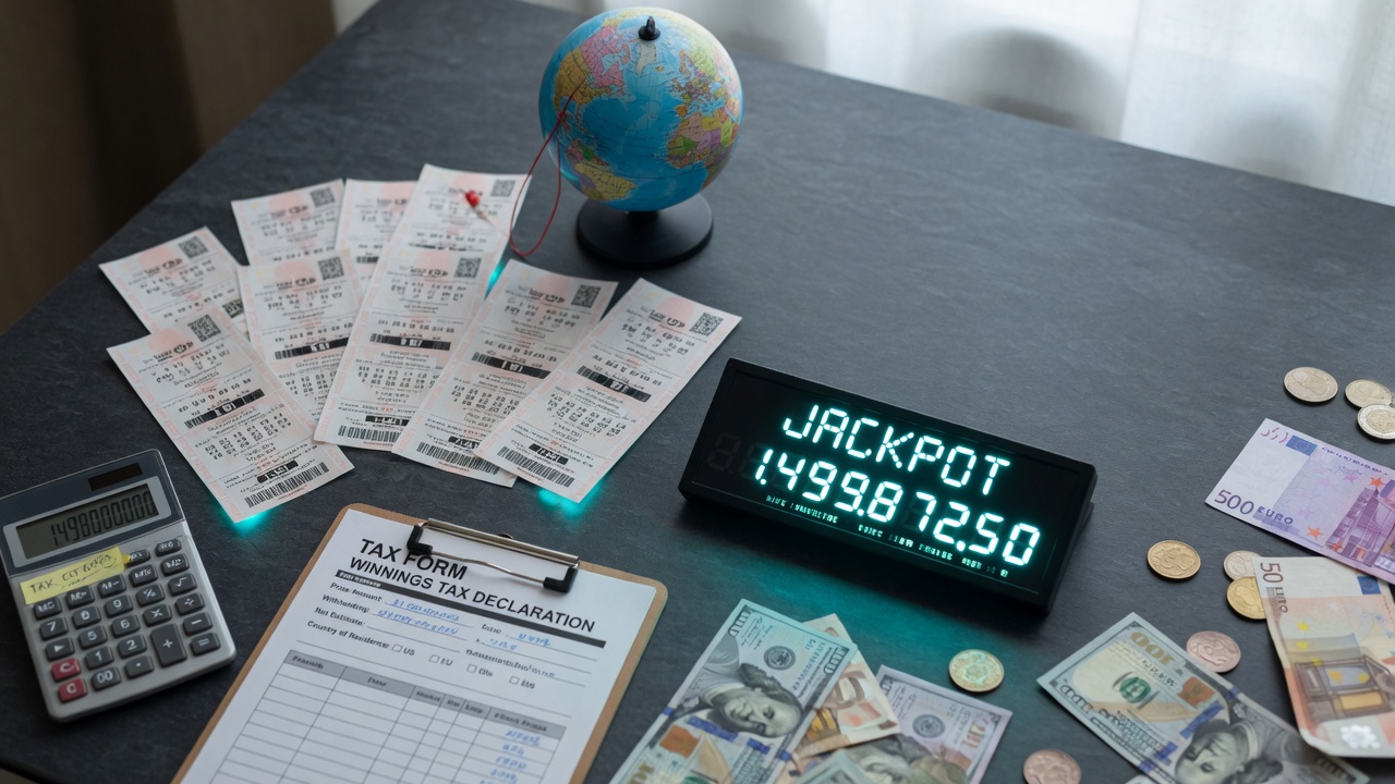 Flat lay photo of unbranded lottery tickets, a small globe, an LED jackpot counter,