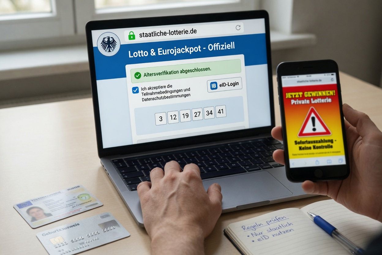 Hände einer erwachsenen Person am Laptop mit offiziellem deutschen Online-Lotterie-Portal und Altersverifikation; im Vor