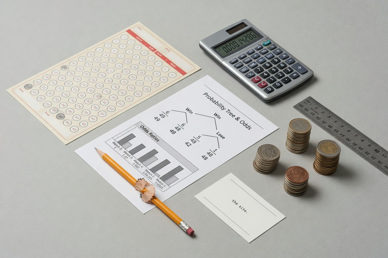 Overhead photo of a clean, neutral desk layout with a generic lottery ticket, calculator,