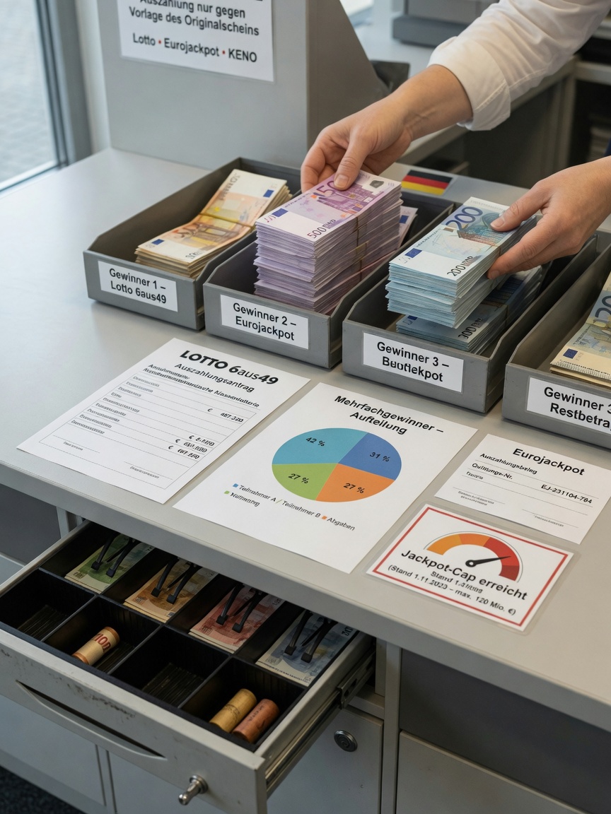 Nahaufnahme eines Lotterie-Auszahlungsplatzes in Deutschland: anonyme Hände verteilen Euro-Banknoten in mehrere beschrif