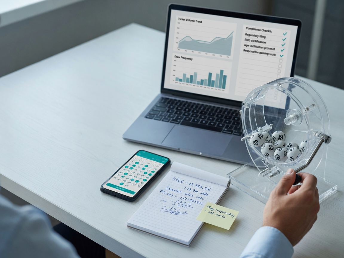 Photorealistic desk with a transparent lottery drum, laptop showing analytics and a compliance checklist,