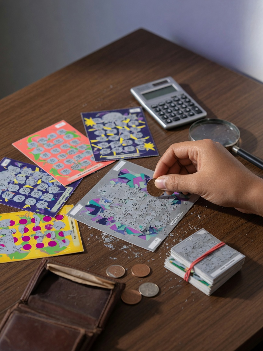 Top-down photo of a hand scratching a generic lottery scratch card with a coin