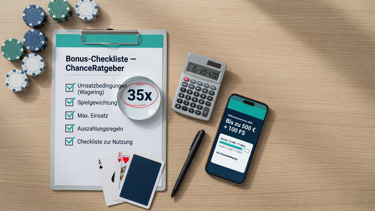 Fotografische Draufsicht: Clipboard mit „Bonus-Checkliste — ChanceRatgeber“, Lupe über „Wagering 35x“; daneben Pokerchip