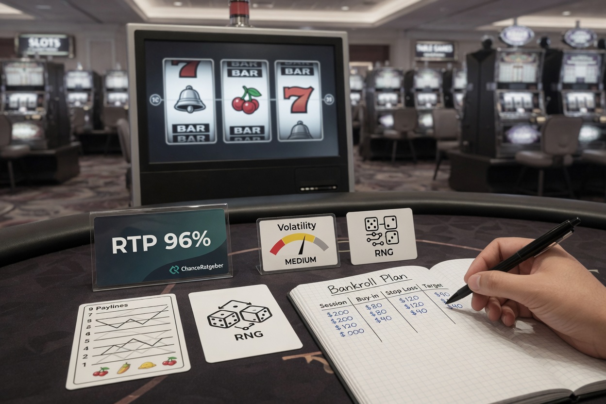Editorial photo of a single slot machine with educational cards for RTP, paylines, RNG,
