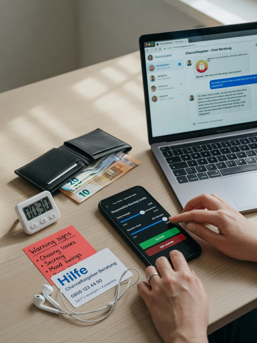 Hands set gambling limits on a smartphone at a tidy desk with wallet, timer,